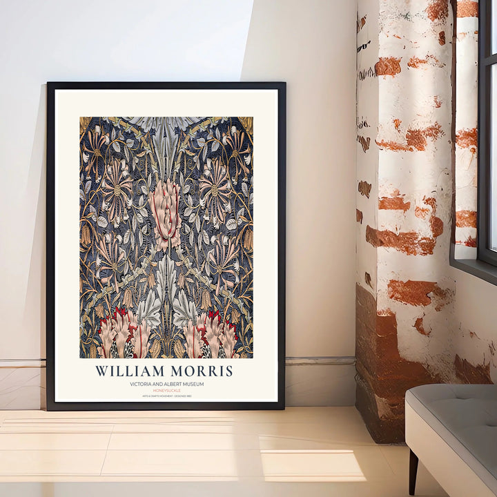 Moody dark blue floral art poster by William Morris featuring honeysuckle vines, ideal for dark academia wall spaces. Select from elegant framed, unframed, and canvas options available at MapYourDreams.
