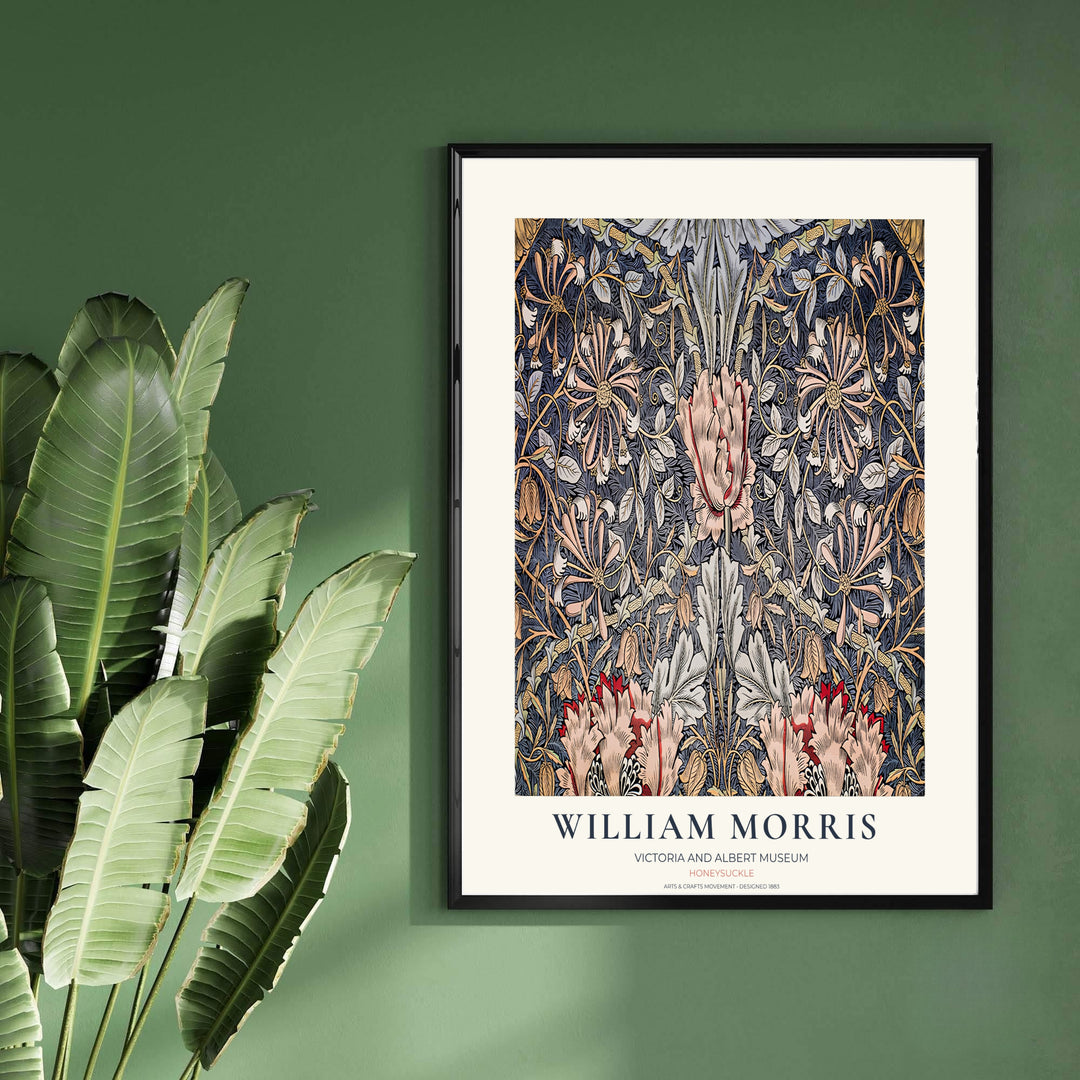 Deep slate blue and soft peach foliage in a restored vintage William Morris Honeysuckle exhibition print. MapYourDreams offers custom framed, unframed, and canvas options available for any room decor.