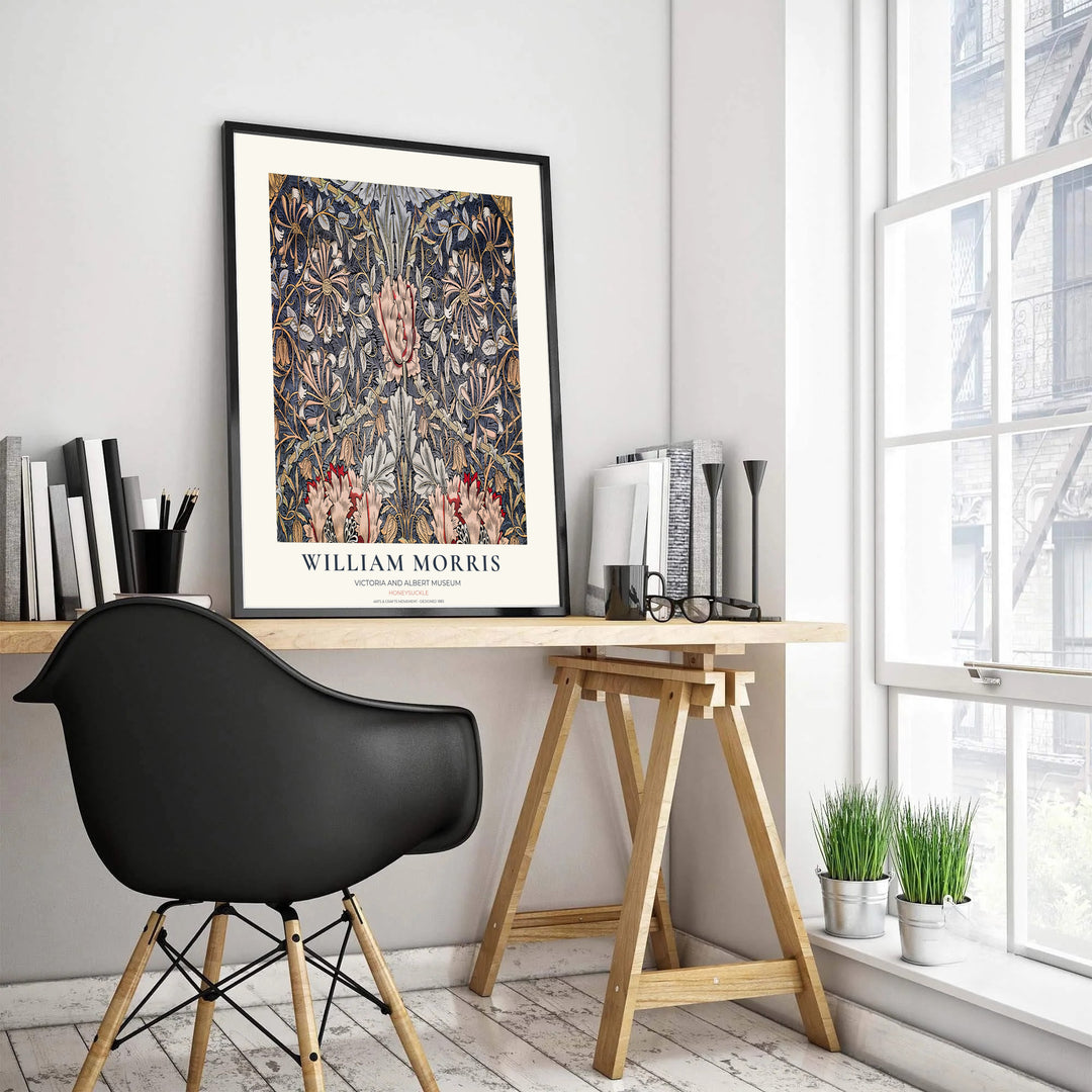 Charming vintage dark botanical poster illustrating 19th-century William Morris Honeysuckle foliage with text. MapYourDreams brings you beautiful framed, unframed, and canvas options available for wall styling.