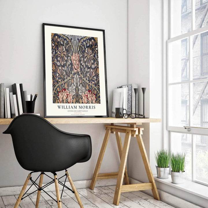 Charming vintage dark botanical poster illustrating 19th-century William Morris Honeysuckle foliage with text. MapYourDreams brings you beautiful framed, unframed, and canvas options available for wall styling.
