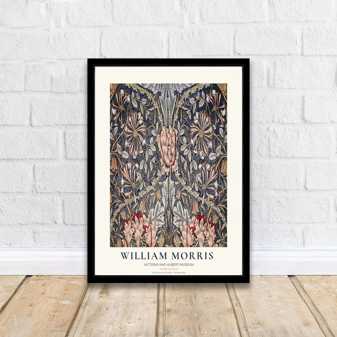 High-contrast dark botanical pattern artwork by William Morris featuring Honeysuckle motifs for gallery walls. Order archival framed, unframed, and canvas options available at MapYourDreams now.