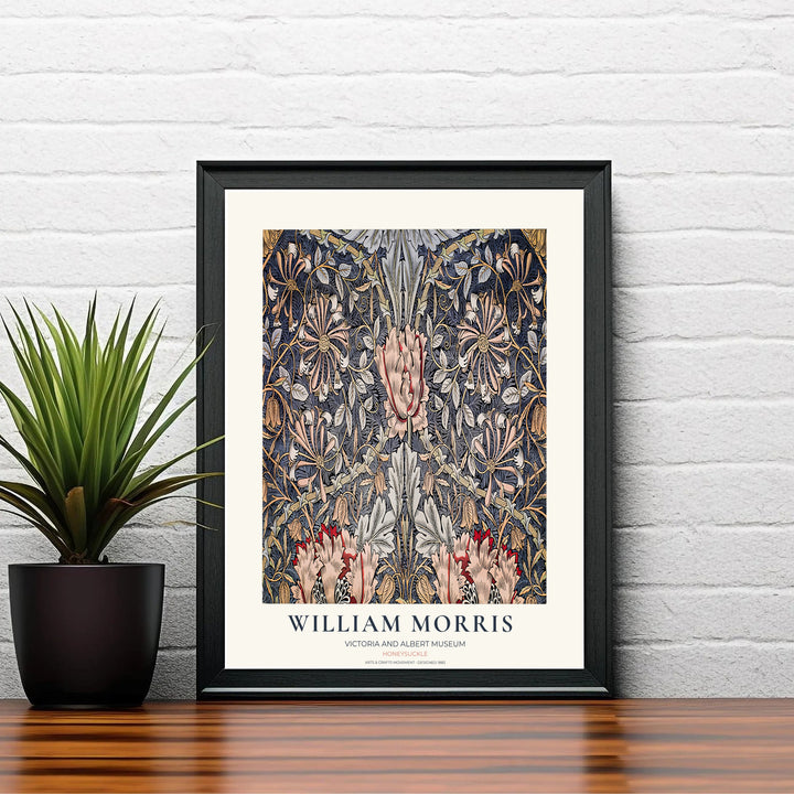 Classic English decorative poster showcasing the 1883 William Morris Honeysuckle design in deep slate blue. Browse fine framed, unframed, and canvas options available at MapYourDreams.