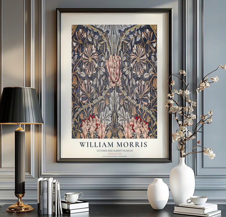 Museum-quality reproduction of the dark William Morris Honeysuckle layout, printed on archival matte paper. Find framed, unframed, and canvas options available at MapYourDreams.