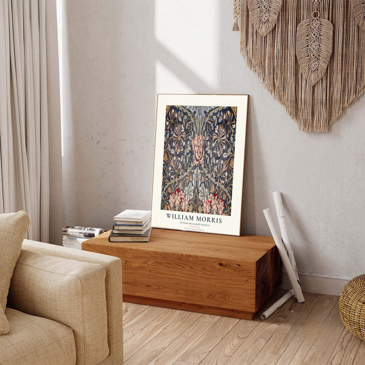 Detailed botanical illustration of honeysuckle flowers and grey leaves on sweeping vines by William Morris. MapYourDreams provides archival framed, unframed, and canvas options available to buy.
