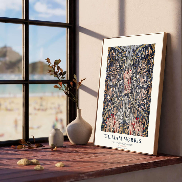 Close-up view of dusty pink honeysuckle petals, golden vines, and grey leaves from the William Morris Honeysuckle poster. MapYourDreams offers versatile framed, unframed, and canvas options available online.