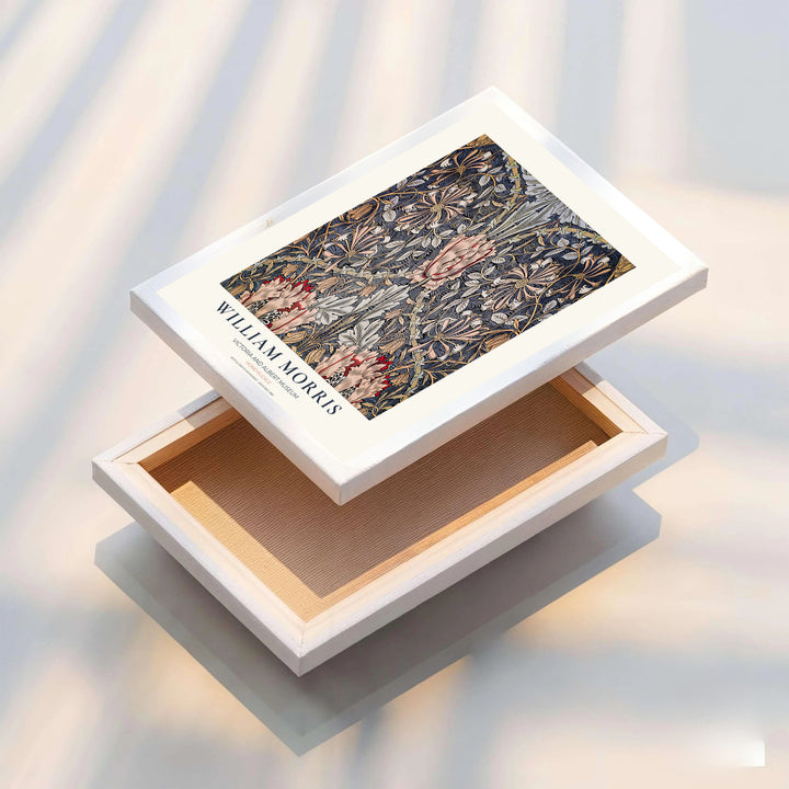 Restored 1883 William Morris exhibition poster combining slate blue hues with historic British Arts and Crafts art. Shop stunning framed, unframed, and canvas options available at MapYourDreams.
