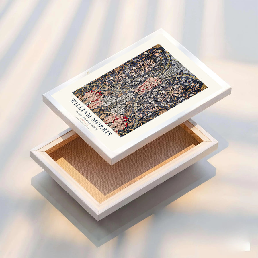 Restored 1883 William Morris exhibition poster combining slate blue hues with historic British Arts and Crafts art. Shop stunning framed, unframed, and canvas options available at MapYourDreams.