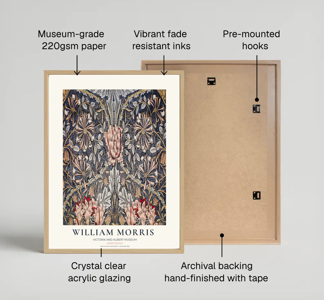 Striking slate blue and pink floral wall hanging featuring William Morris Honeysuckle motifs from the V&amp;A collection. Choose framed, unframed, and canvas options available from MapYourDreams.