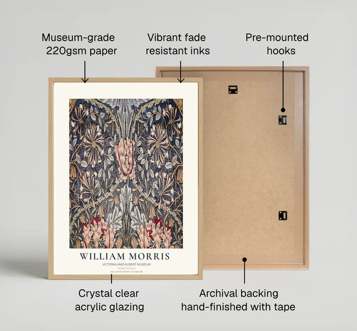 Striking slate blue and pink floral wall hanging featuring William Morris Honeysuckle motifs from the V&amp;A collection. Choose framed, unframed, and canvas options available from MapYourDreams.