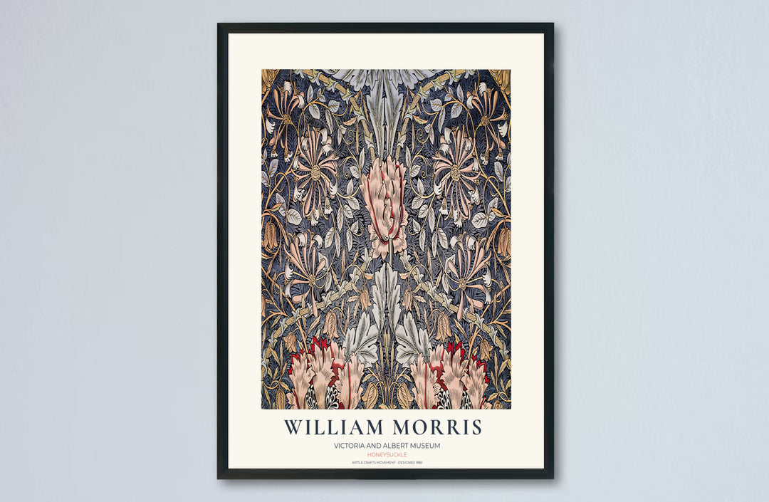 Vintage English heritage poster showing a dense slate blue tapestry of William Morris Honeysuckle vines on paper. Explore our selection of framed, unframed, and canvas options available at MapYourDreams.