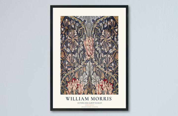 Vintage English heritage poster showing a dense slate blue tapestry of William Morris Honeysuckle vines on paper. Explore our selection of framed, unframed, and canvas options available at MapYourDreams.
