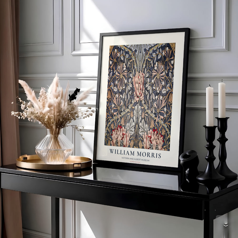 Intricate 1883 William Morris Honeysuckle wallpaper design in moody slate dark blue with V&A museum text. Shop high quality framed, unframed, and canvas options available today at MapYourDreams.
