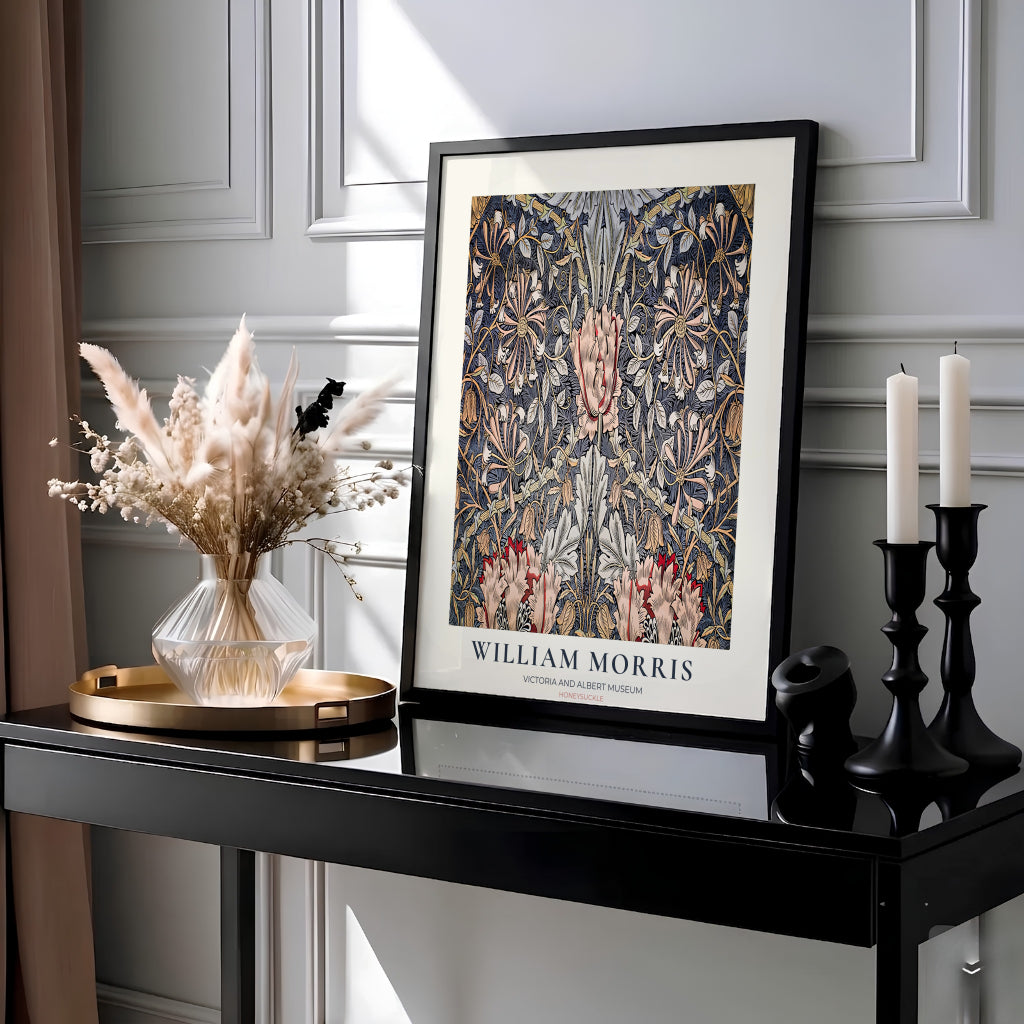 Intricate 1883 William Morris Honeysuckle wallpaper design in moody slate dark blue with V&amp;A museum text. Shop high quality framed, unframed, and canvas options available today at MapYourDreams.