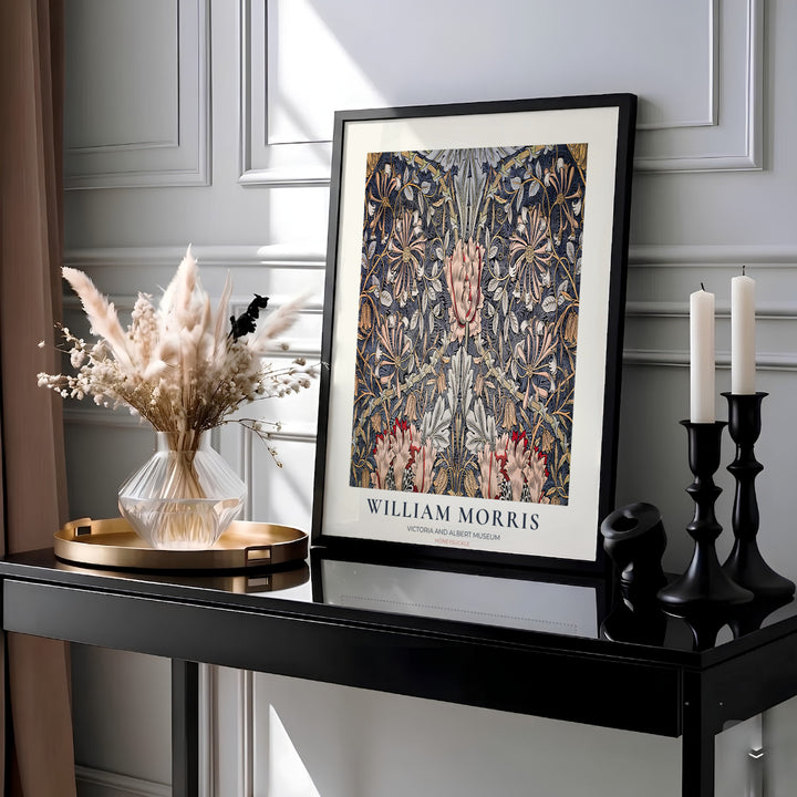 Intricate 1883 William Morris Honeysuckle wallpaper design in moody slate dark blue with V&amp;A museum text. Shop high quality framed, unframed, and canvas options available today at MapYourDreams.