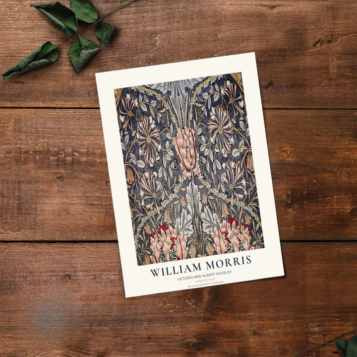 Moody dark blue botanical decor print featuring honeysuckle foliage by William Morris, framed in a clean layout. Order your favorite framed, unframed, and canvas options available at MapYourDreams.