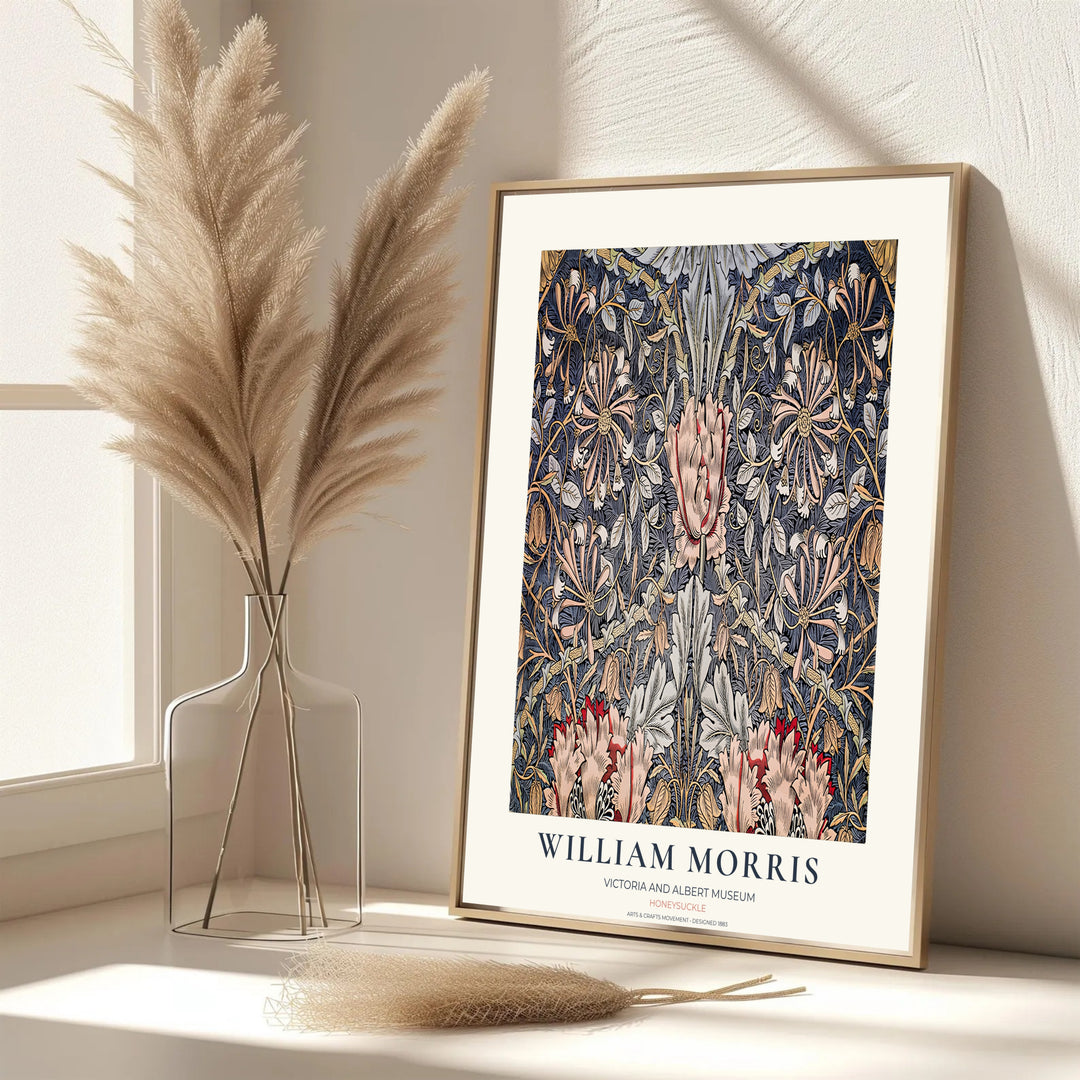 Beautiful William Morris Honeysuckle artwork showcasing 19th-century textile graphics on a slate blue field. MapYourDreams presents professional framed, unframed, and canvas options available for display.