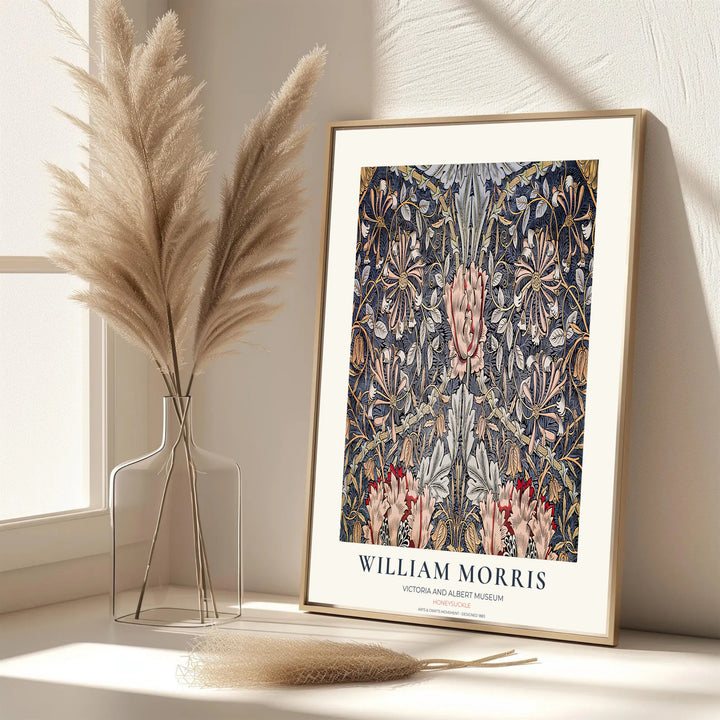 Beautiful William Morris Honeysuckle artwork showcasing 19th-century textile graphics on a slate blue field. MapYourDreams presents professional framed, unframed, and canvas options available for display.