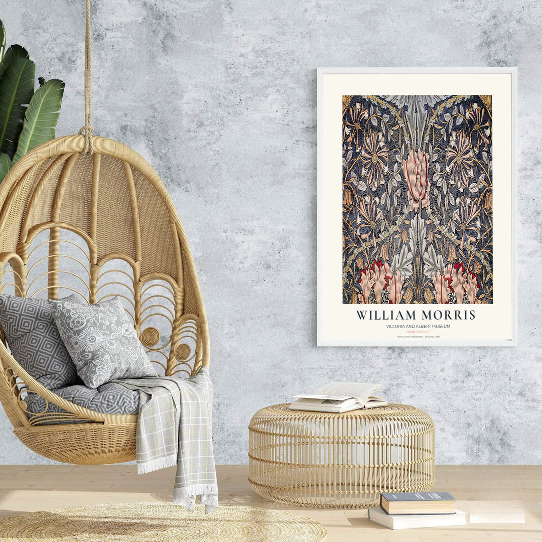 Dark blue floral tapestry print illustrating William Morris Honeysuckle foliage, designed for moody interior schemes. Select fine framed, unframed, and canvas options available at MapYourDreams.