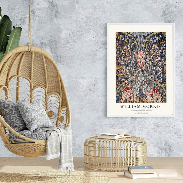 Dark blue floral tapestry print illustrating William Morris Honeysuckle foliage, designed for moody interior schemes. Select fine framed, unframed, and canvas options available at MapYourDreams.