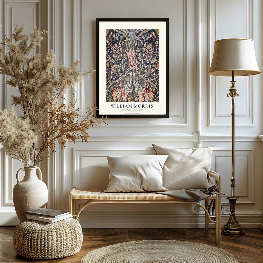 Fine art print of the William Morris Honeysuckle design, displaying historic botanical craftsmanship in slate blue. MapYourDreams features top quality framed, unframed, and canvas options available.