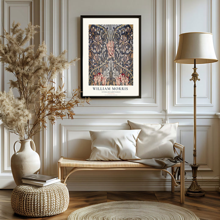 Fine art print of the William Morris Honeysuckle design, displaying historic botanical craftsmanship in slate blue. MapYourDreams features top quality framed, unframed, and canvas options available.