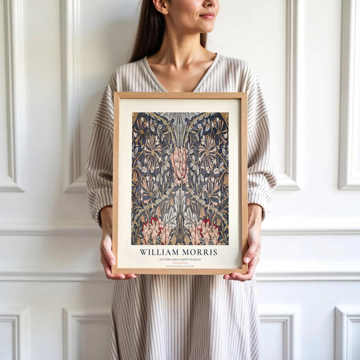 Atmospheric bedroom art print displaying the 1883 William Morris Honeysuckle layout in slate blue, pink, and gold. MapYourDreams has ready-to-hang framed, unframed, and canvas options available for decor.