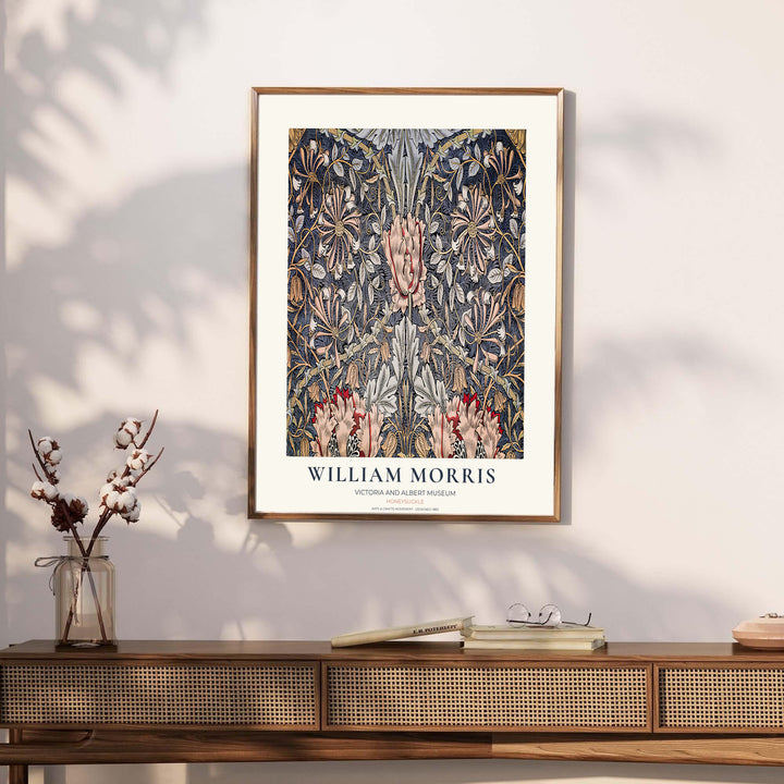 Archival exhibition poster of the slate blue William Morris Honeysuckle design with Victoria &amp; Albert Museum text. Discover our tailored framed, unframed, and canvas options available at MapYourDreams.