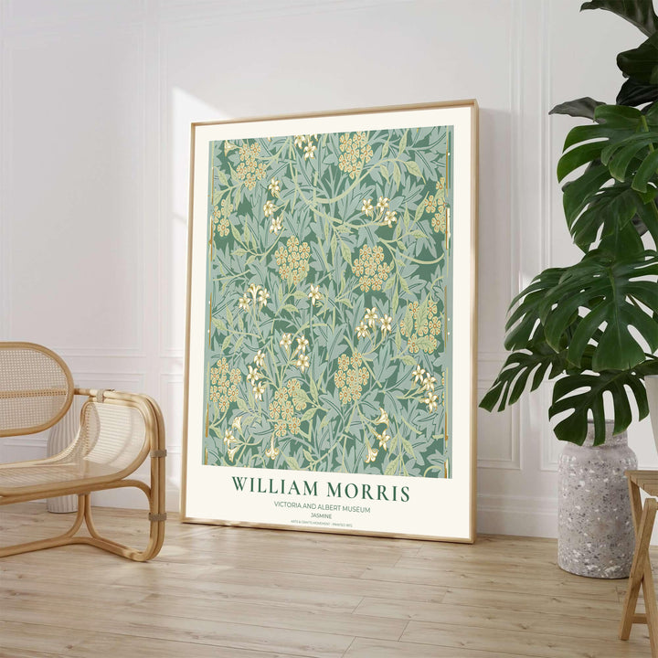 Historic Arts and Crafts Movement wall art print displaying the William Morris Jasmine layout in forest green. Discover premium framed, unframed, and canvas options available at MapYourDreams.