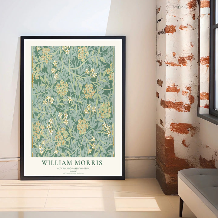 Close-up view of delicate jasmine blossoms, hawthorn foliage, and golden stems from the William Morris Jasmine poster. MapYourDreams offers versatile framed, unframed, and canvas options available online.