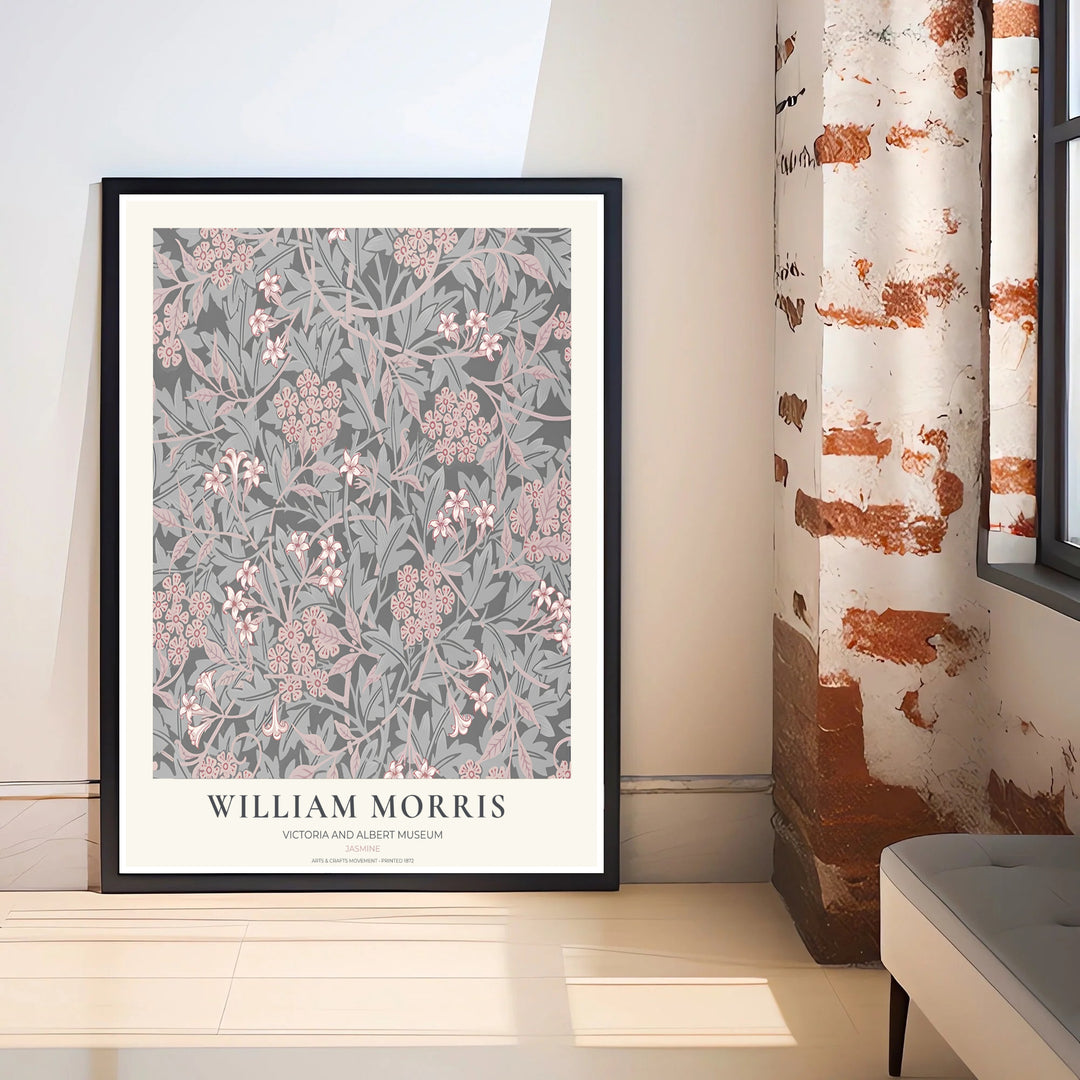 Intricate 1872 William Morris Jasmine wallpaper pattern in soothing charcoal grey and pink with V&amp;A museum text. Shop high quality framed, unframed, and canvas options available today at MapYourDreams.