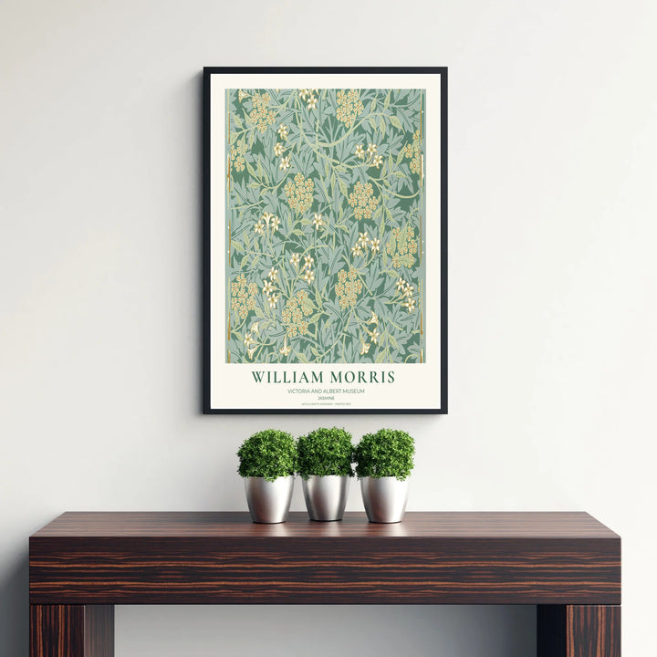 Elegant William Morris heritage wallpaper print showing forest green and cream floral tendrils in a clean museum border. Explore durable framed, unframed, and canvas options available from MapYourDreams.