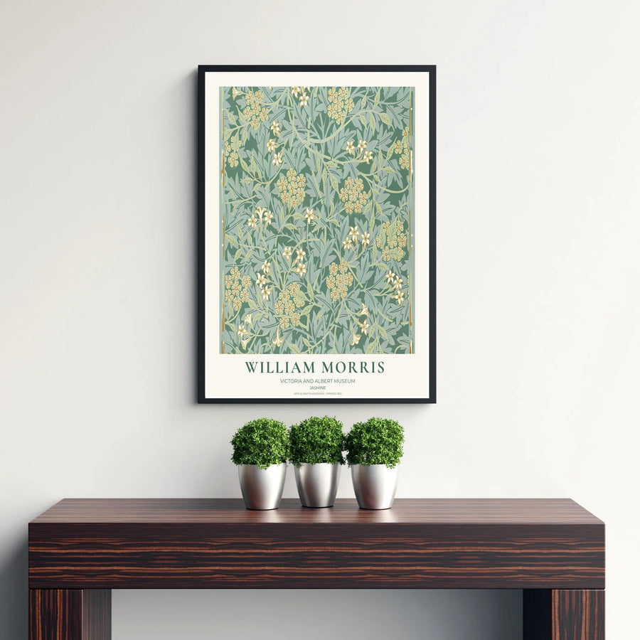 Elegant William Morris heritage wallpaper print showing forest green and cream floral tendrils in a clean museum border. Explore durable framed, unframed, and canvas options available from MapYourDreams.