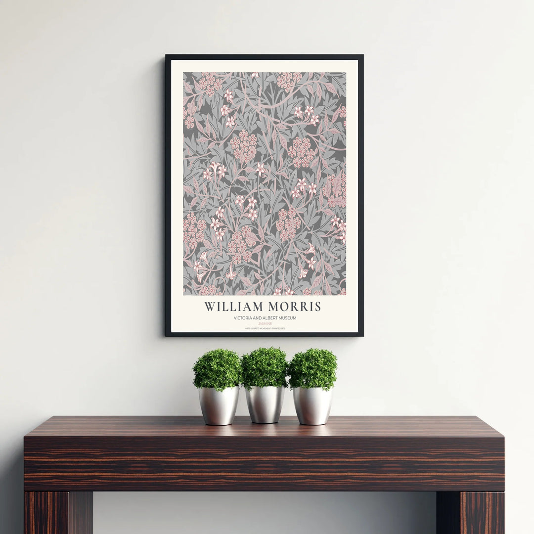 Historic Arts and Crafts Movement wall art print displaying the William Morris Jasmine layout in grey pink. Discover premium framed, unframed, and canvas options available at MapYourDreams.