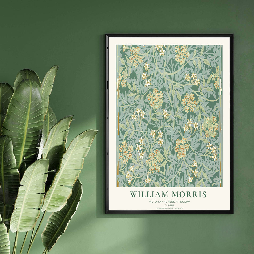 Deep forest green and pale sage foliage in a restored vintage William Morris Jasmine exhibition print. MapYourDreams offers custom framed, unframed, and canvas options available for any room decor.