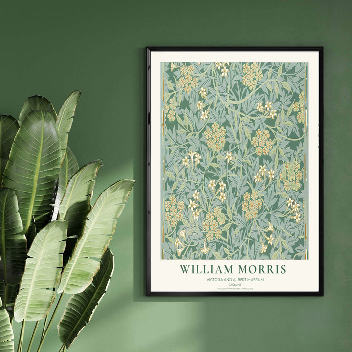 Deep forest green and pale sage foliage in a restored vintage William Morris Jasmine exhibition print. MapYourDreams offers custom framed, unframed, and canvas options available for any room decor.