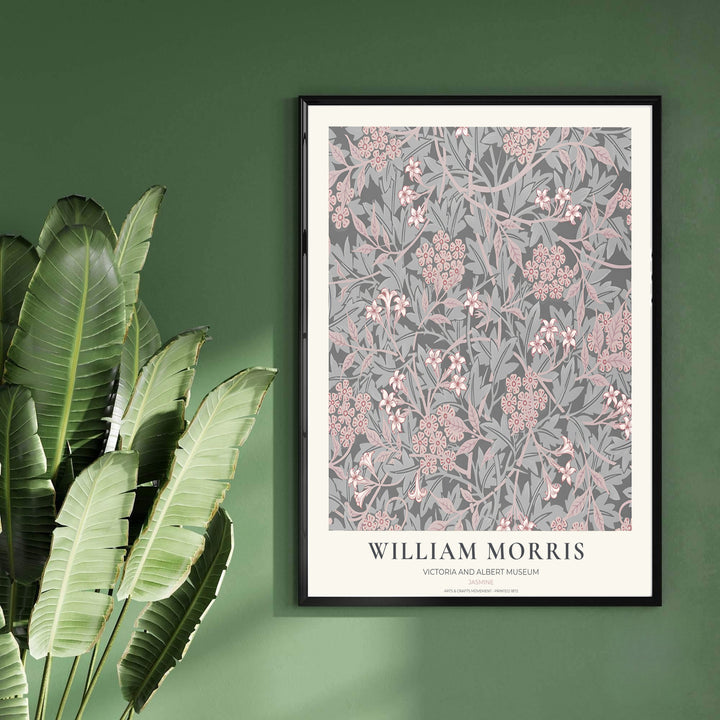 Close-up view of delicate blush pink jasmine blossoms, hawthorn foliage, and grey stems from the William Morris Jasmine poster. MapYourDreams offers versatile framed, unframed, and canvas options available online.