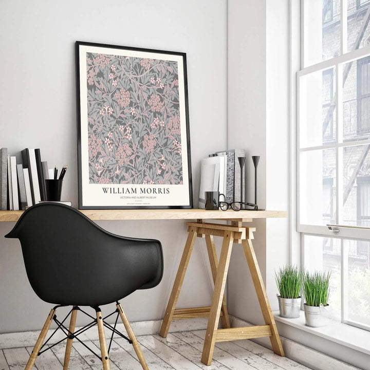 Classic English decorative poster showcasing the 1872 William Morris Jasmine design in soft grey pink tones. Browse fine framed, unframed, and canvas options available at MapYourDreams.