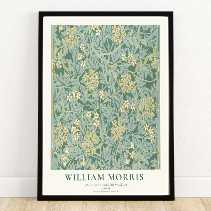 Star-shaped white jasmine flowers and sage leaves over a forest green background in a William Morris Jasmine print. MapYourDreams provides framed, unframed, and canvas options available for home interior decoration.