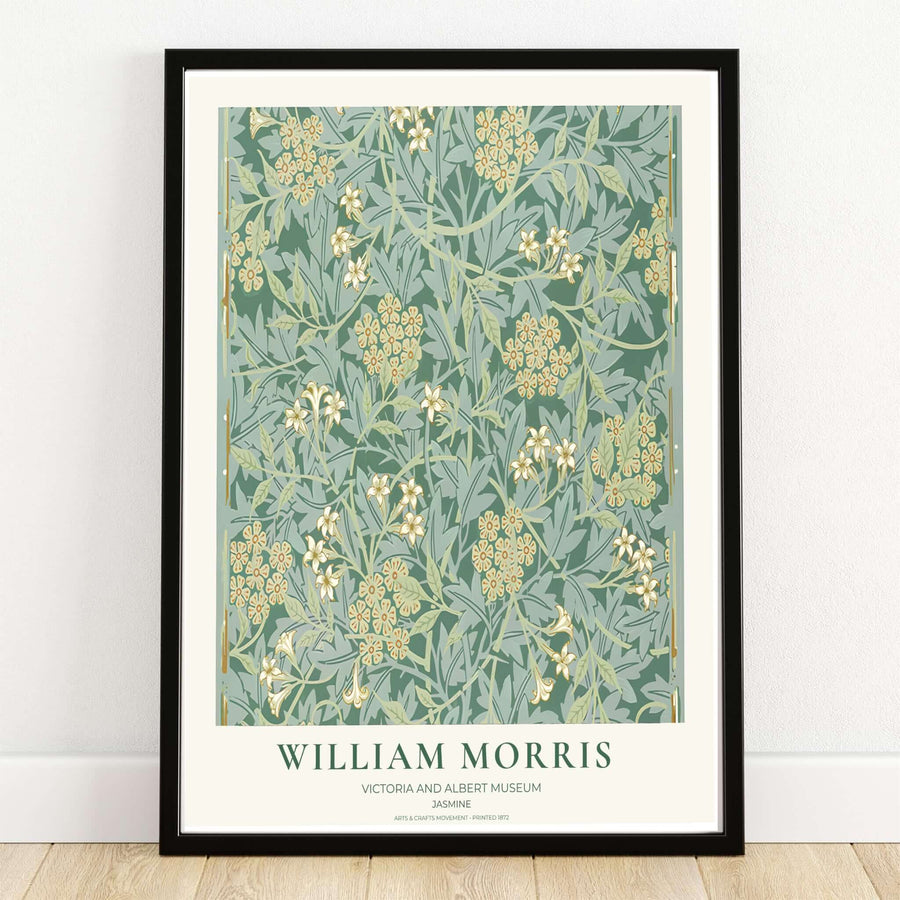 Star-shaped white jasmine flowers and sage leaves over a forest green background in a William Morris Jasmine print. MapYourDreams provides framed, unframed, and canvas options available for home interior decoration.