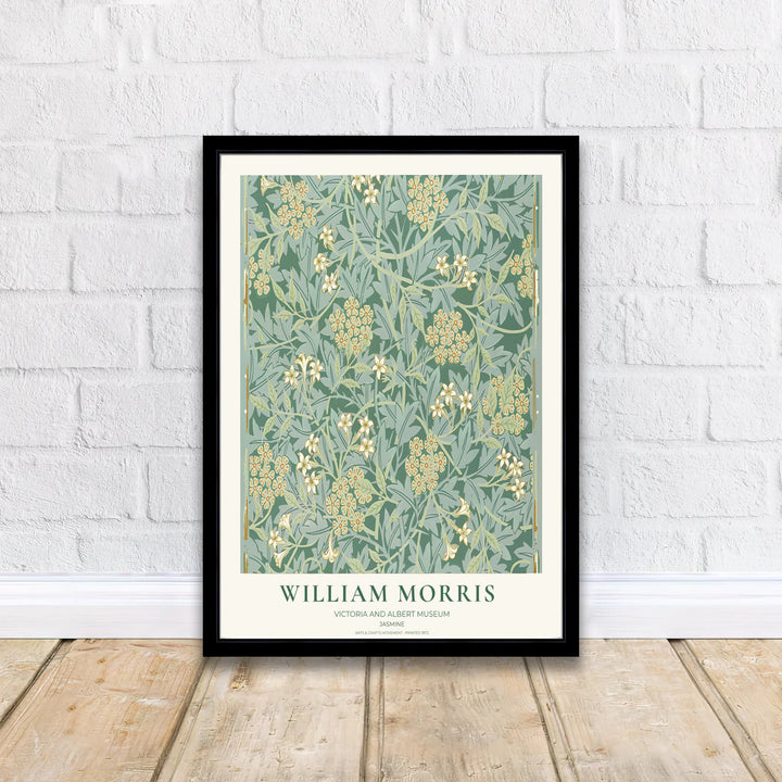 Classic English decorative poster showcasing the 1872 William Morris Jasmine design in deep sage green. Browse fine framed, unframed, and canvas options available at MapYourDreams.