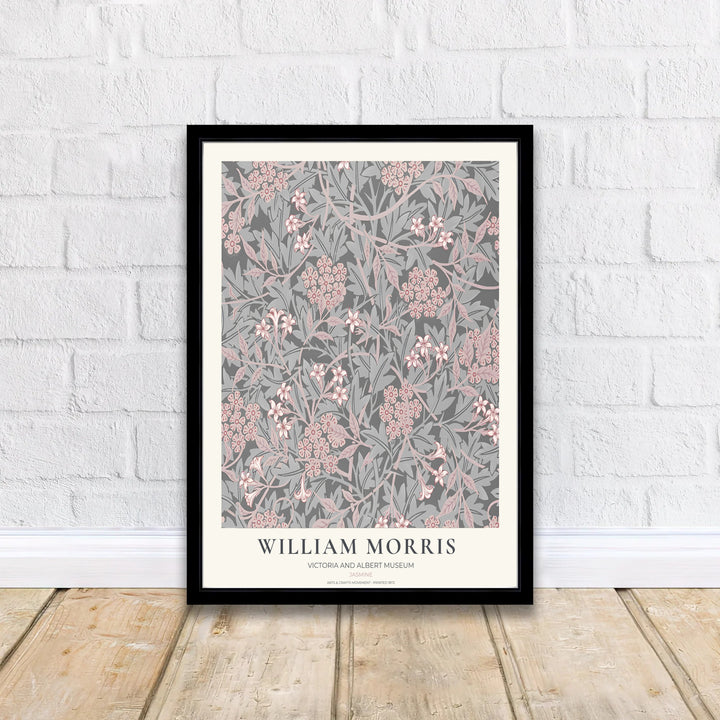 Romantic grey pink floral art poster by William Morris featuring jasmine foliage, ideal for bedroom wall spaces. Select from elegant framed, unframed, and canvas options available at MapYourDreams.