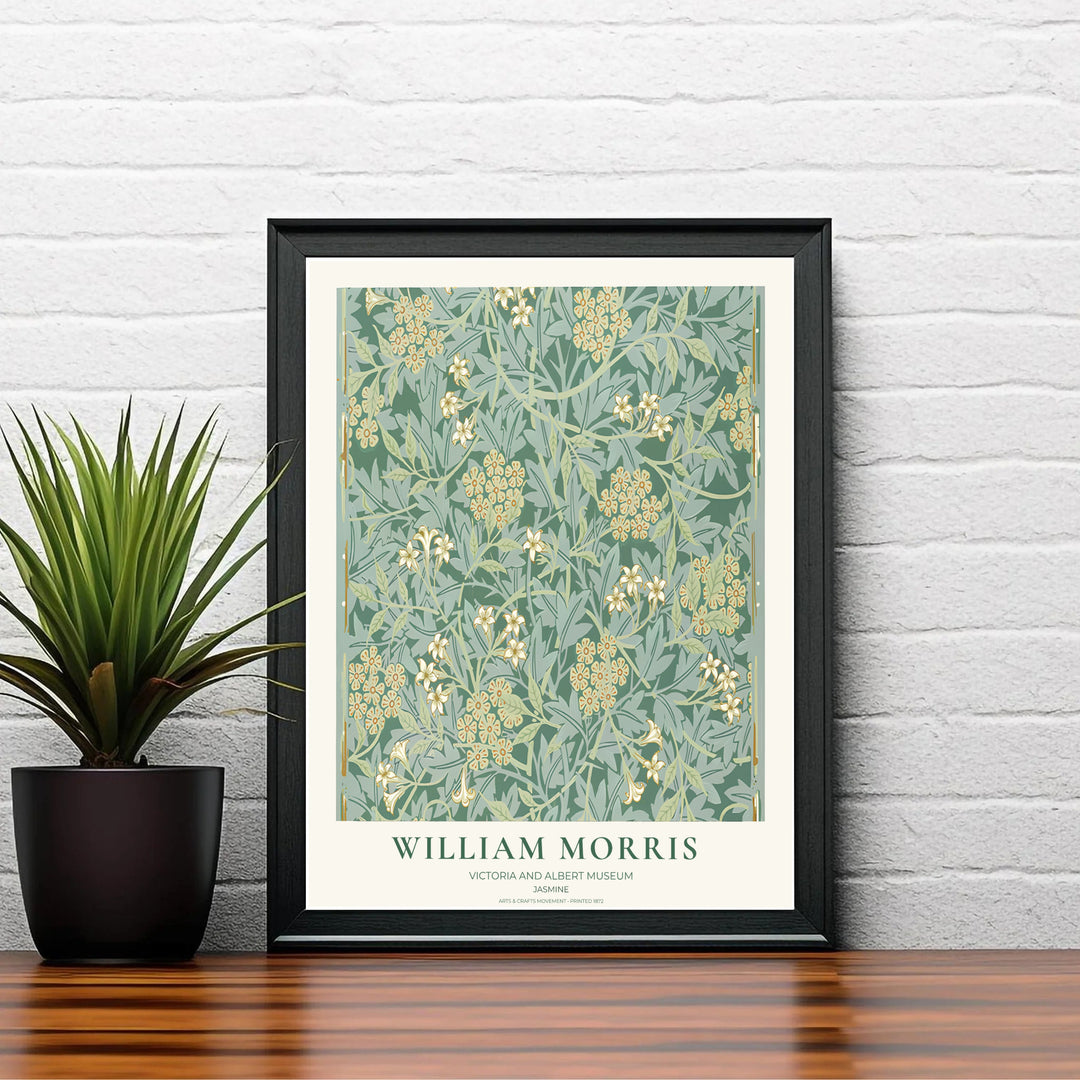 Winding golden stems and white jasmine blossoms by William Morris rendered over sage and forest green. Choose high quality framed, unframed, and canvas options available at MapYourDreams today.