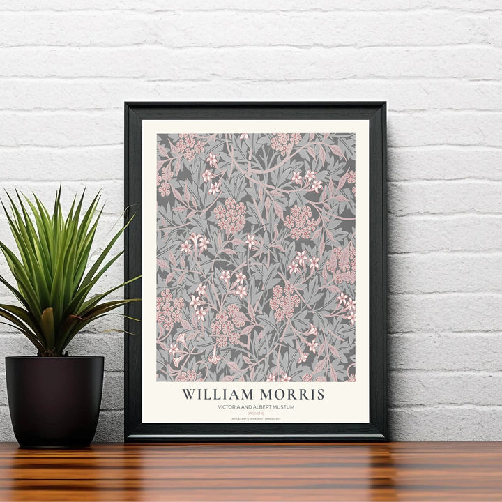Elegant William Morris heritage wallpaper print showing grey and pink floral tendrils in a clean museum border. Explore durable framed, unframed, and canvas options available from MapYourDreams.