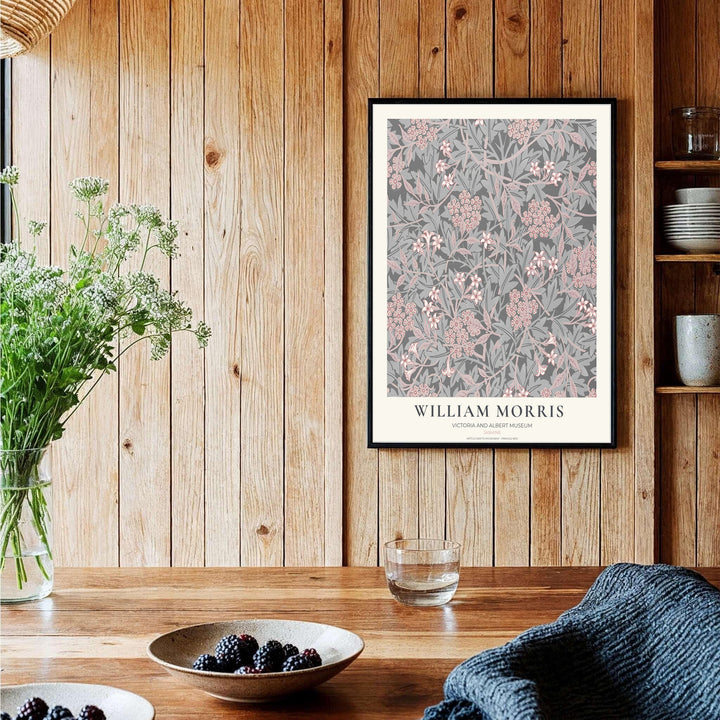 Charcoal grey and blush pink foliage in a restored vintage William Morris Jasmine exhibition print. MapYourDreams offers custom framed, unframed, and canvas options available for any room decor.