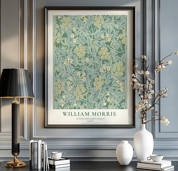 Charming vintage botanical poster illustrating 19th-century William Morris Jasmine foliage with museum text. MapYourDreams brings you beautiful framed, unframed, and canvas options available for wall styling.