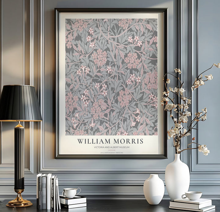 High-contrast botanical pattern artwork by William Morris featuring Jasmine floral motifs for gallery walls. Order archival framed, unframed, and canvas options available at MapYourDreams now.