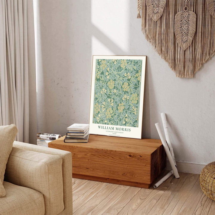 Striking forest green floral wall hanging featuring William Morris Jasmine motifs from the V&amp;A collection. Choose framed, unframed, and canvas options available from MapYourDreams.