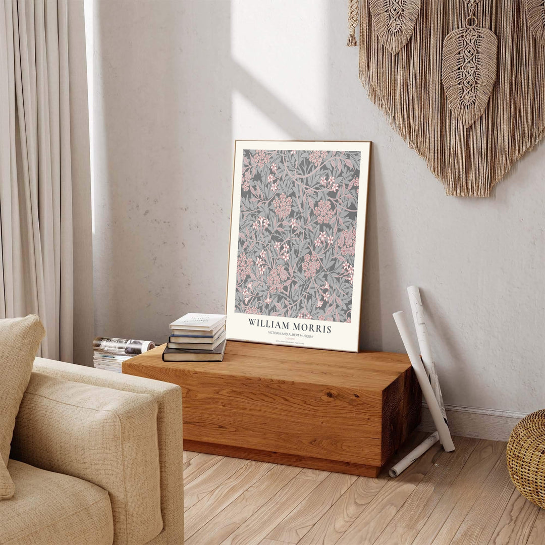 Charming vintage botanical poster illustrating 19th-century William Morris Jasmine foliage with museum text. MapYourDreams brings you beautiful framed, unframed, and canvas options available for wall styling.