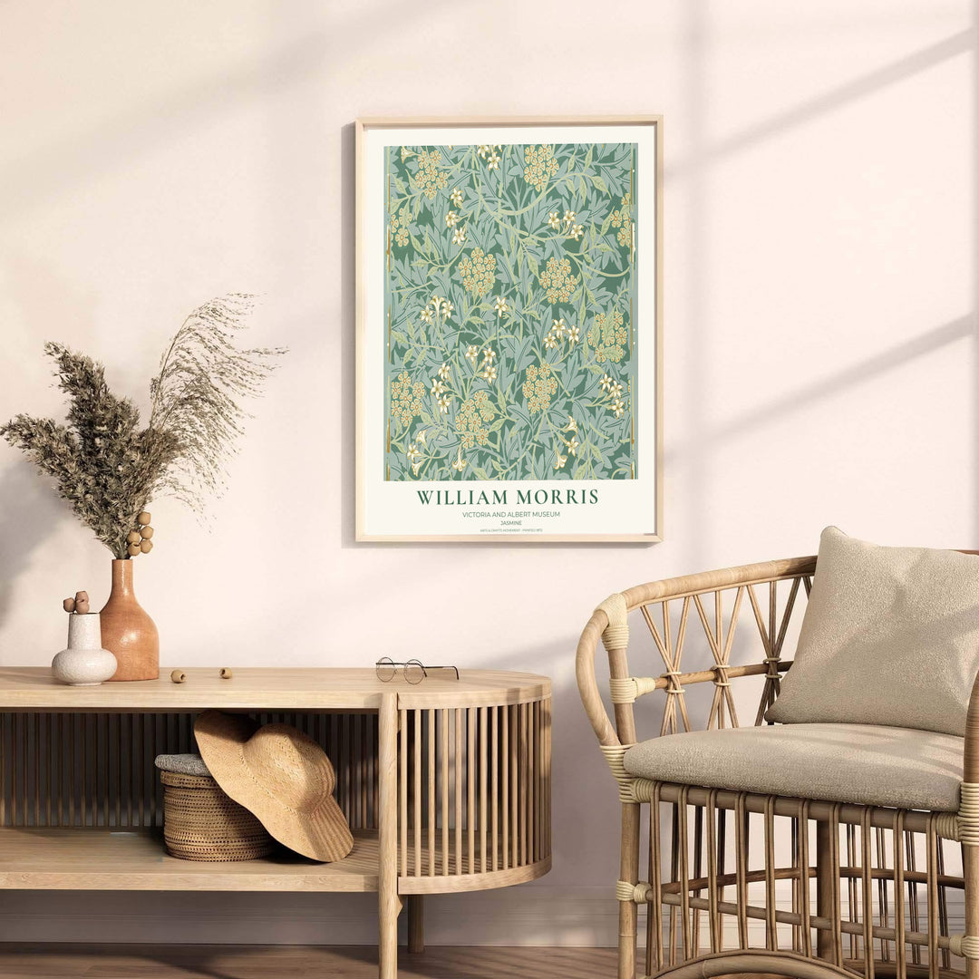 Detailed botanical illustration of white jasmine flowers and sage leaves on sweeping vines by William Morris. MapYourDreams provides archival framed, unframed, and canvas options available to buy.