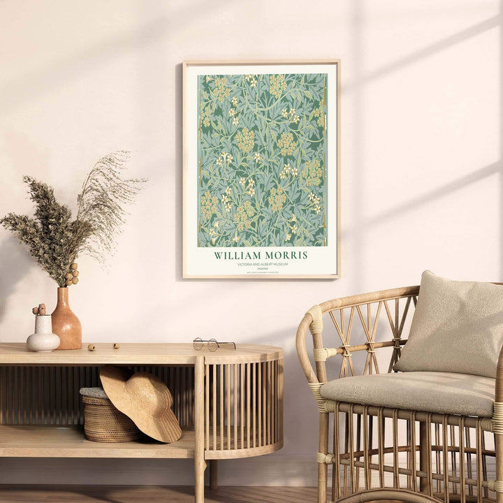 Detailed botanical illustration of white jasmine flowers and sage leaves on sweeping vines by William Morris. MapYourDreams provides archival framed, unframed, and canvas options available to buy.
